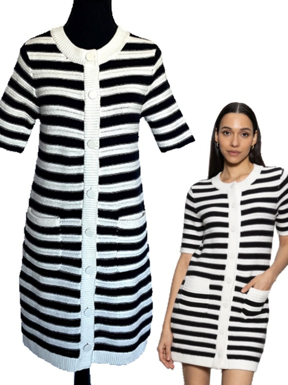 NEW Sanctuary Button-Front Knitted‎ Dress Chalk & Black Stripe Front Pockets XS